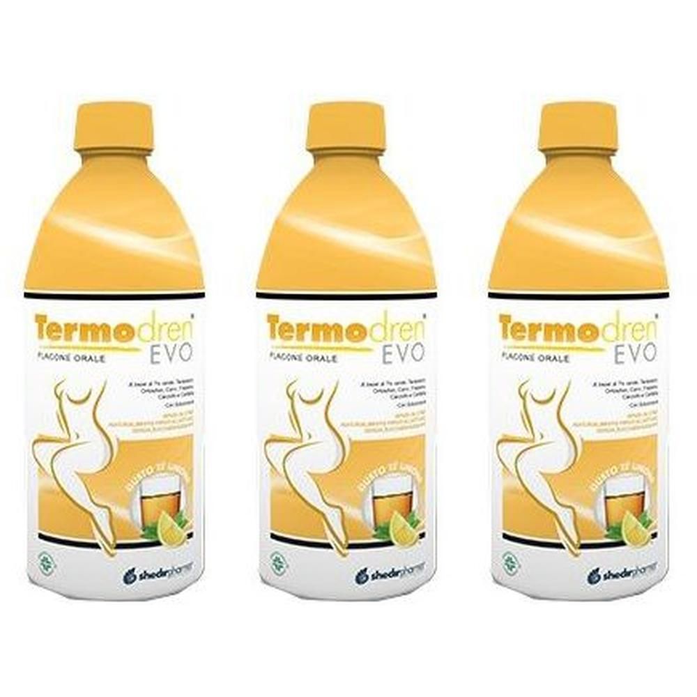 Tre flaconi di Termodren Evo con tappi ed etichette gialle, raffiguranti una figura stilizzata e spicchi di limone.