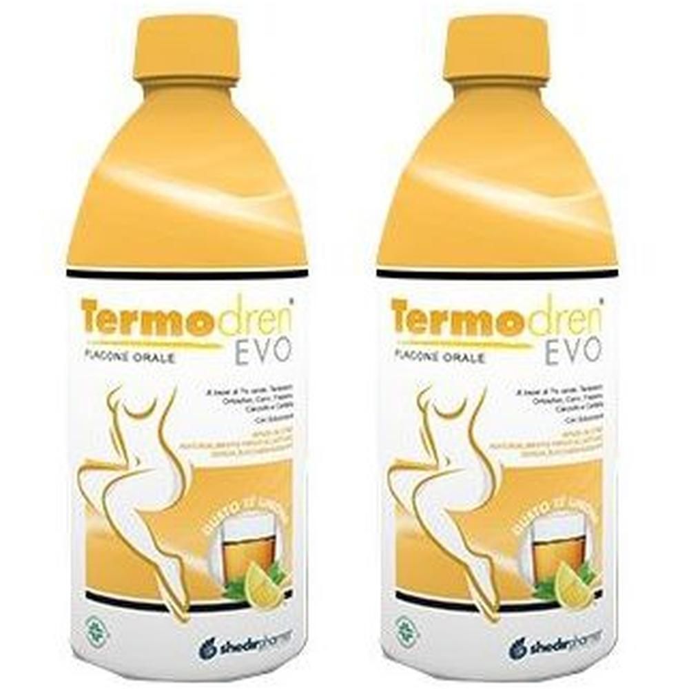 Due flaconi di Termodren Evo gusto limone. Tappi ed etichette gialle con silhouette femminile e spicchi di limone.
