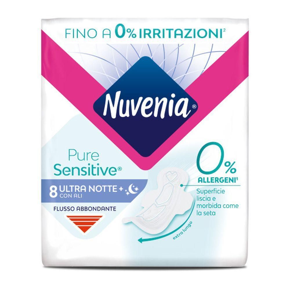 Confezione da 8 assorbenti Nuvenia Pure Sensitive Ultra Notte con ali per flusso abbondante.