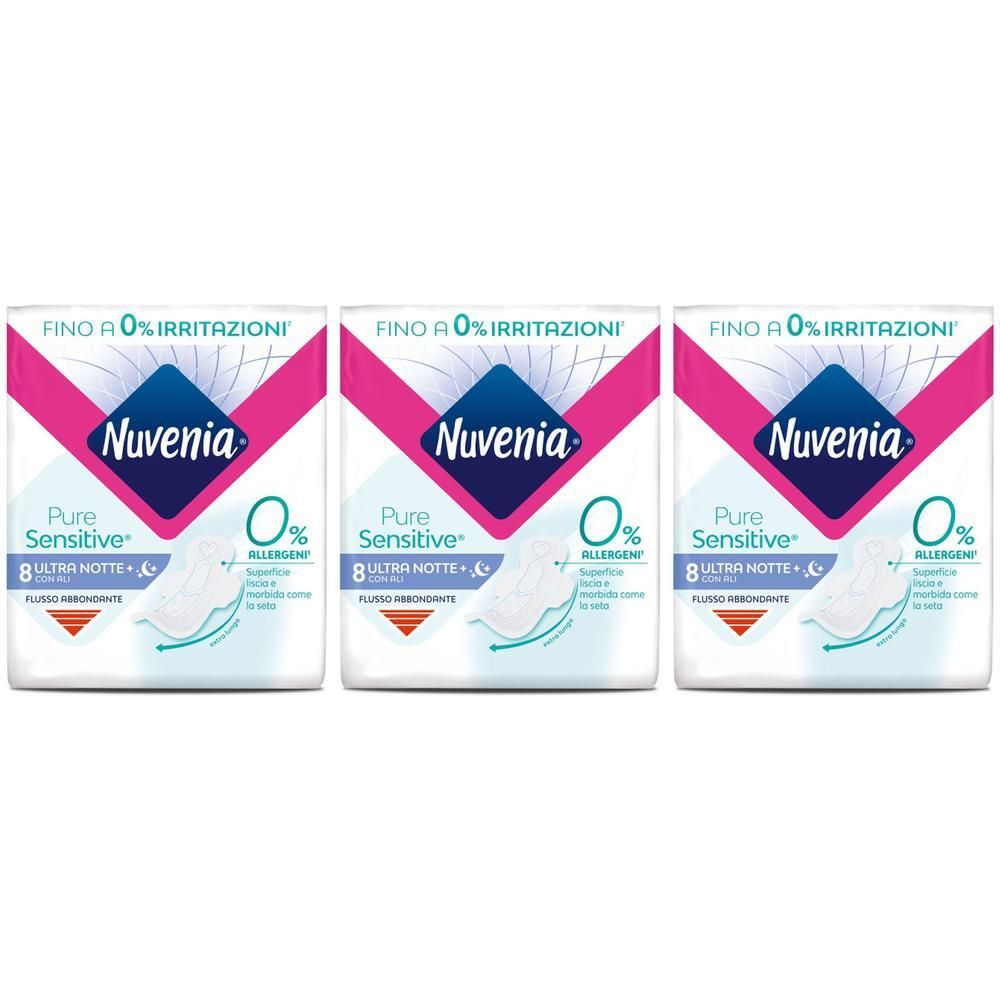 Tre confezioni di assorbenti Nuvenia Pure Sensitive Ultra Notte, 8 pezzi per confezione.