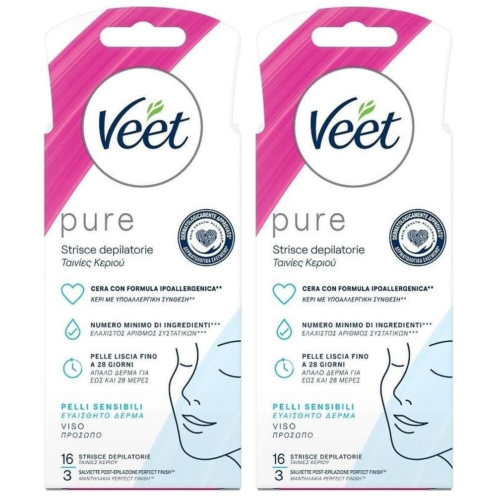 Veet Pure strisce depilatorie per il viso, 16 pezzi.