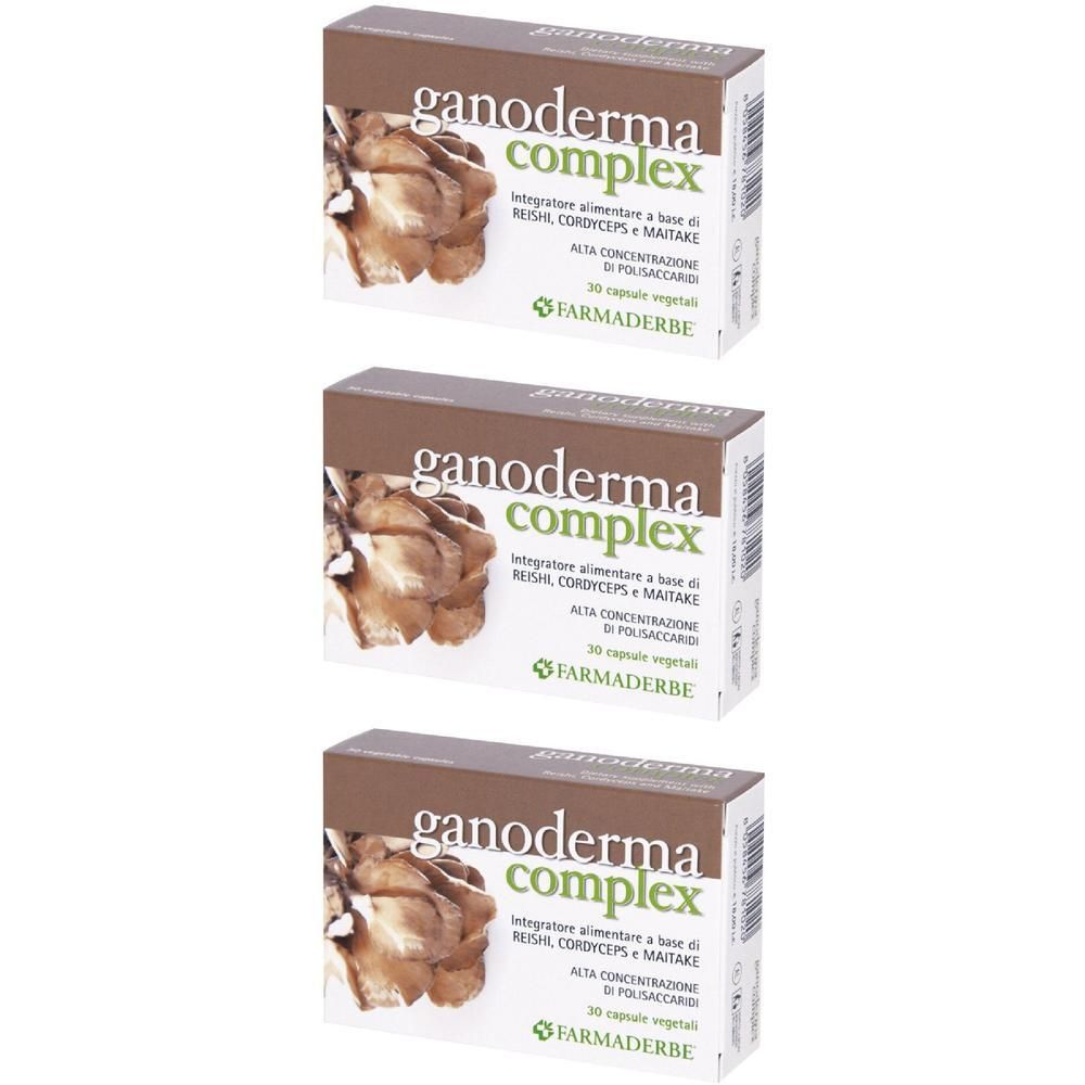 Tre confezioni di integratore alimentare Ganoderma Complex, 30 capsule.
