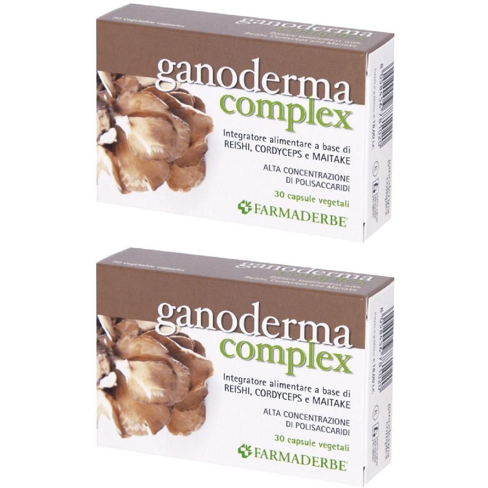 Due confezioni di Ganoderma Complex, 30 capsule vegetali ciascuna. Marca Farmaderbe.