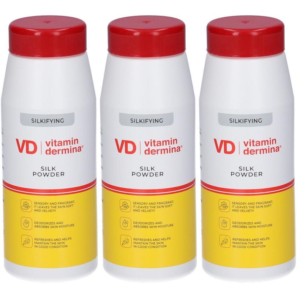 Tre contenitori di polvere di seta Vitamindermina con tappi rossi.