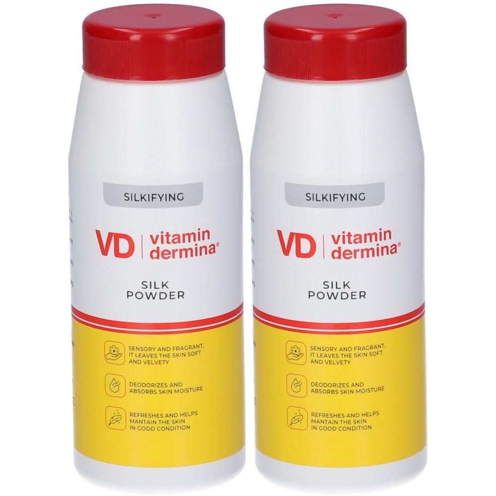 Due flaconi di polvere di seta Vitamindermina con tappi rossi. Etichettati in bianco e giallo.