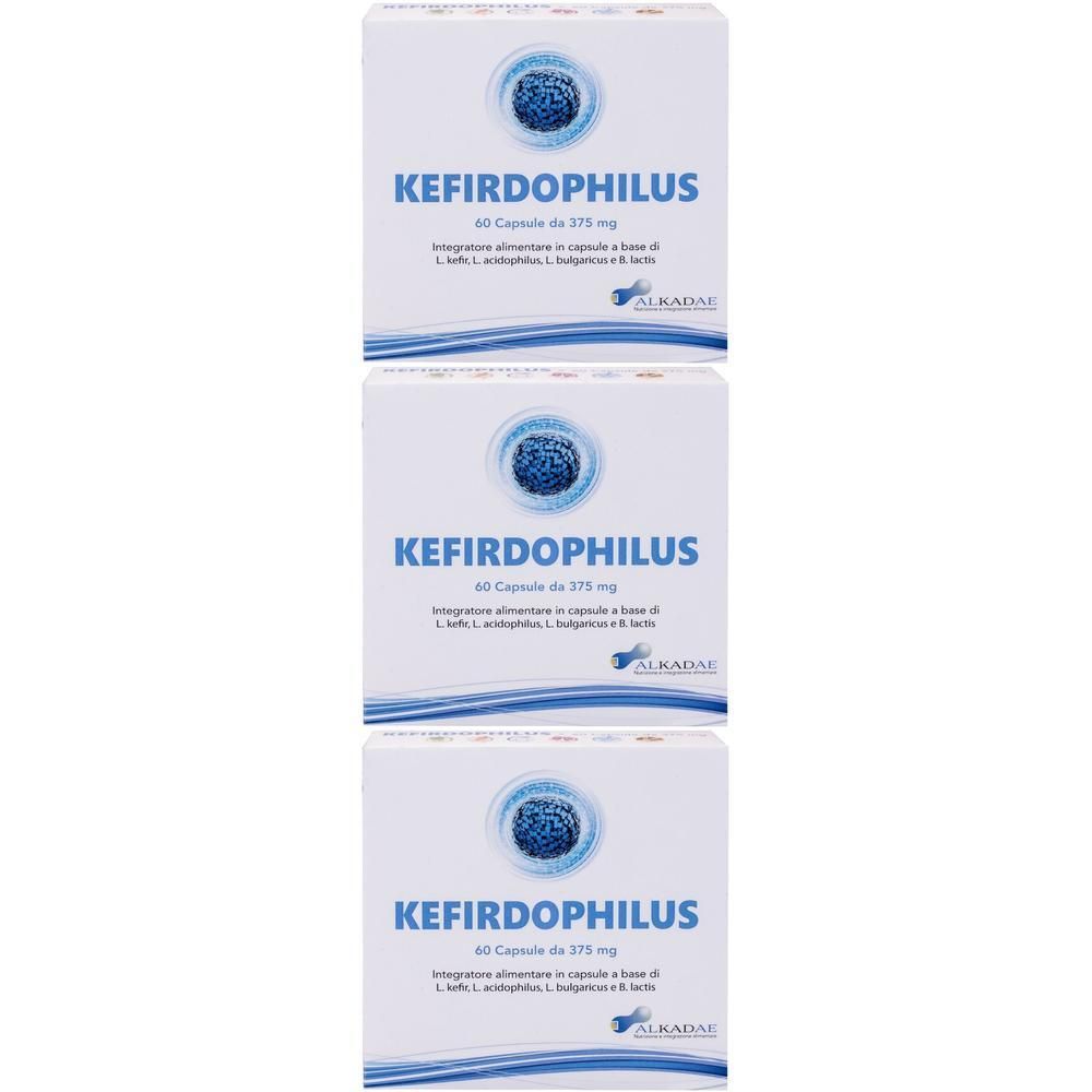 Tre confezioni di capsule Kefirdophilus da 60 capsule. Contiene L. acidophilus, L. bulgaricus e B. lactis.