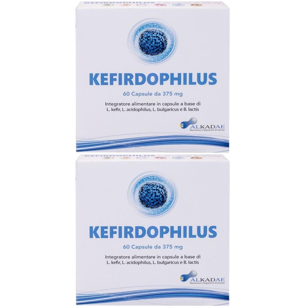 Due confezioni di Kefirdophilus Capsule, 60 capsule da 375 mg ciascuna. Marca Alkadae.