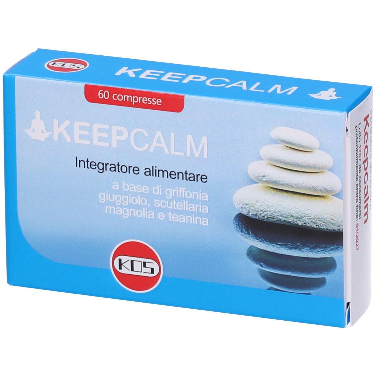 Confezione KOS Keepcalm da 60 compresse, con immagine di pietre impilate.
