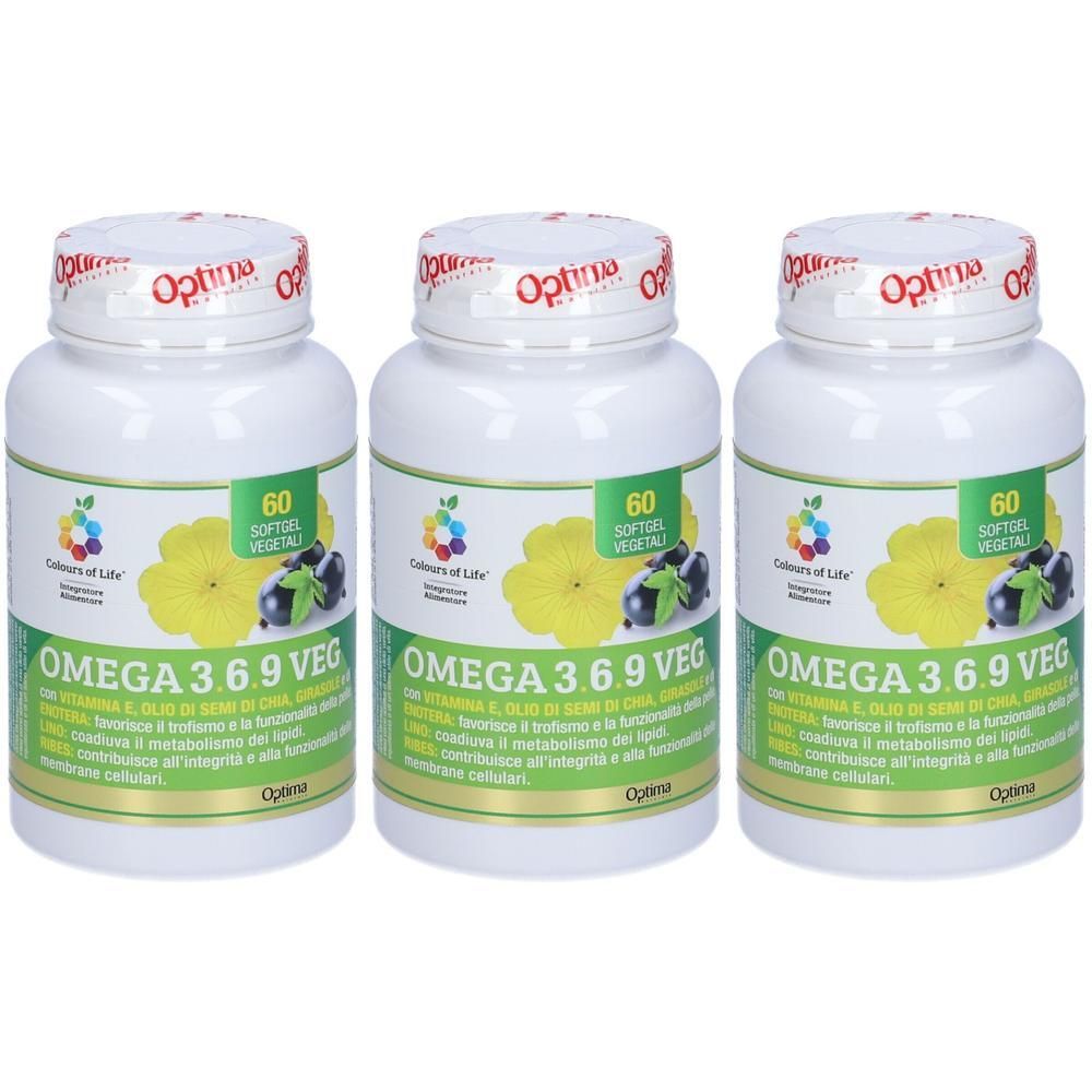 Tre flaconi Optima Colours of Life OMEGA 3 6 9 VEG, 60 capsule molli per flacone.