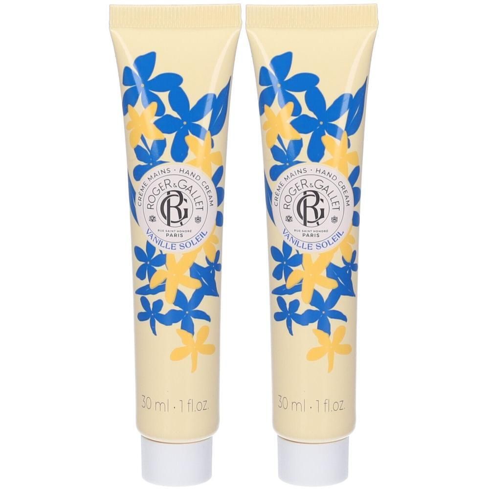 Due tubetti di crema mani con motivo floreale blu e giallo. Marca Roger&Gallet.