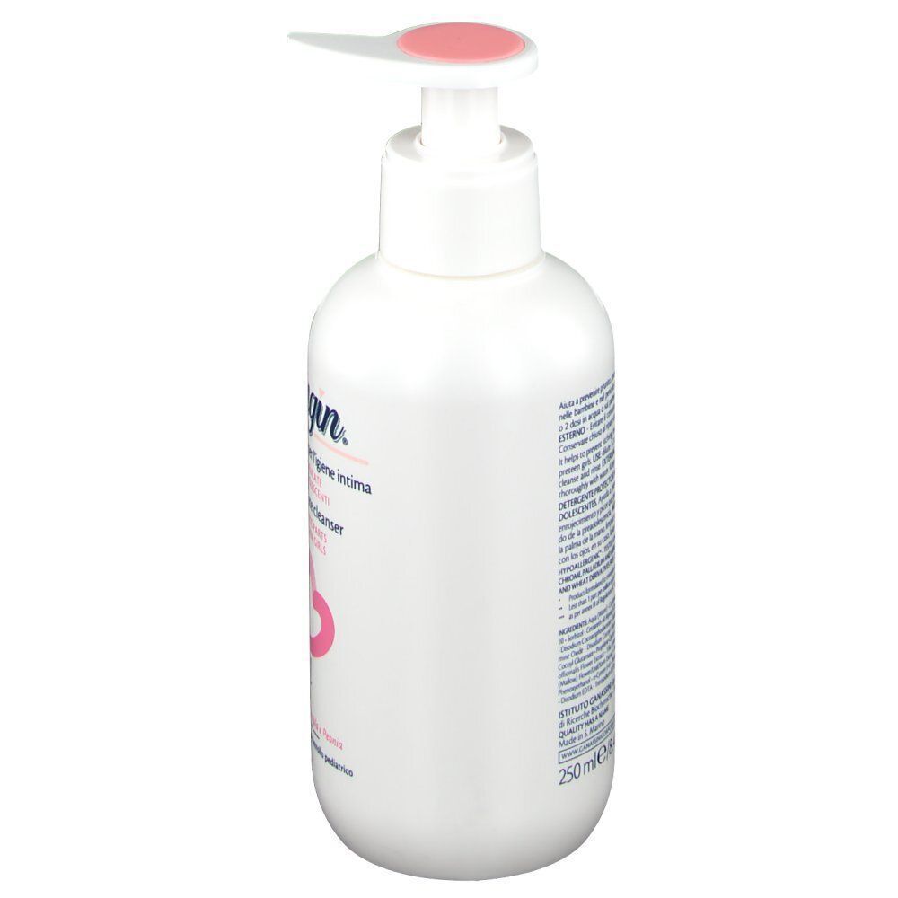 Flacone bianco con pompa, etichetta Alkagin® Azione Protettiva Girl, vista laterale con informazioni testuali.
