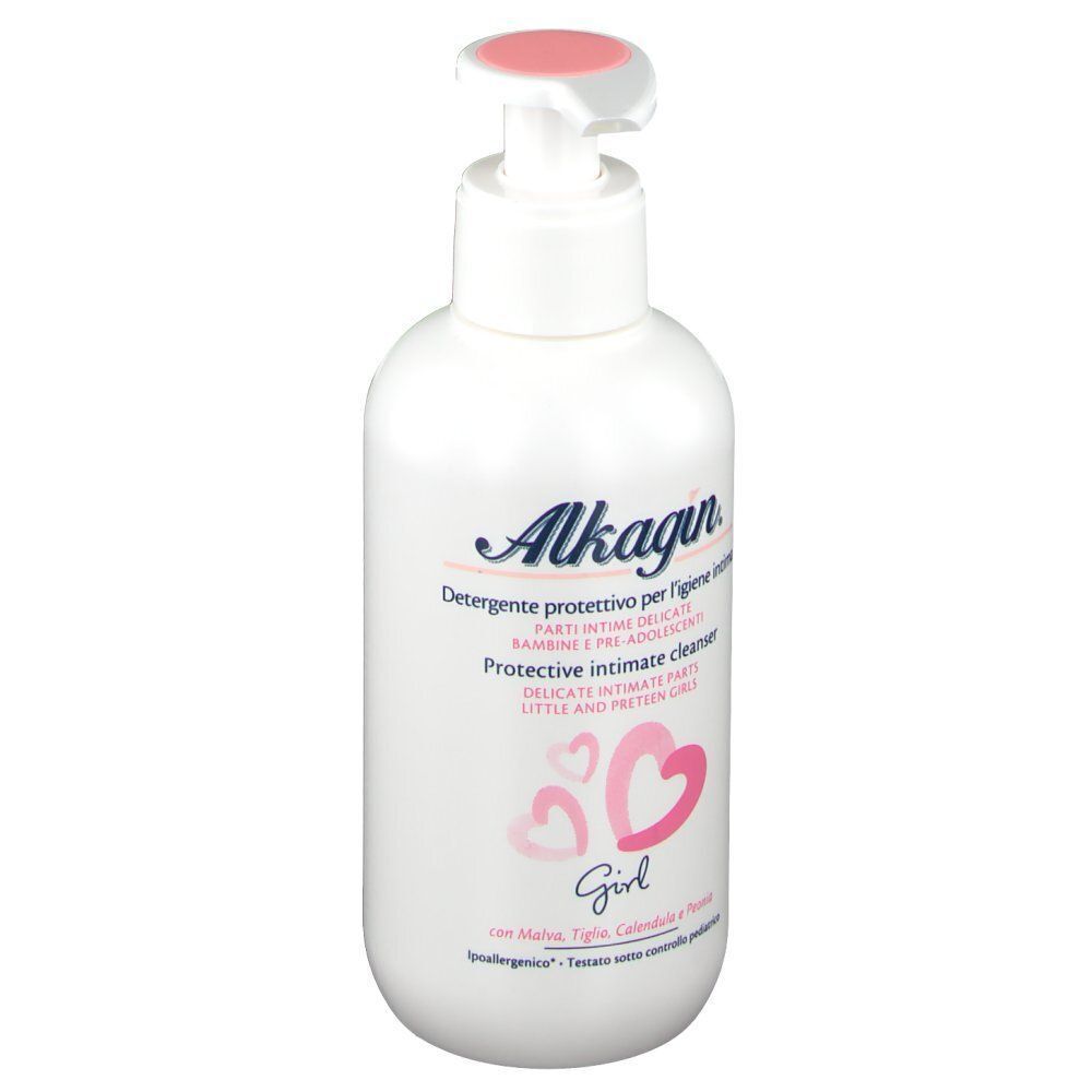 Flacone bianco con pompa, etichetta Alkagin® Azione Protettiva Girl, simboli a cuore rosa e testo.