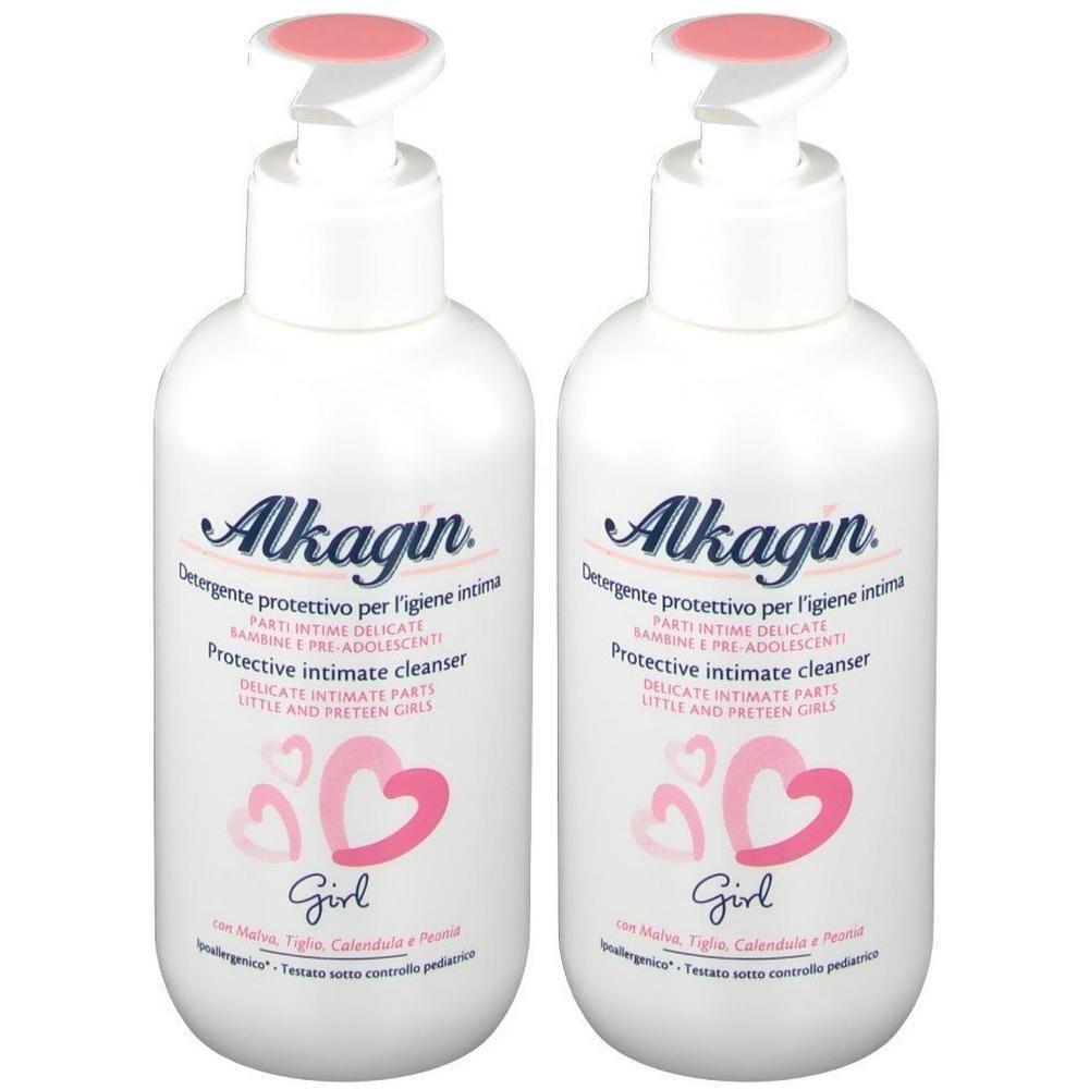 Due flaconi pump bianchi Alkagin® Azione Protettiva Girl con accenti rosa.