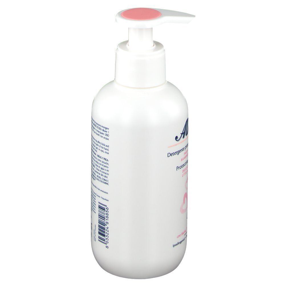 Flacone pump bianco Alkagin® Azione Protettiva Girl, vista laterale con etichetta e accento rosa.