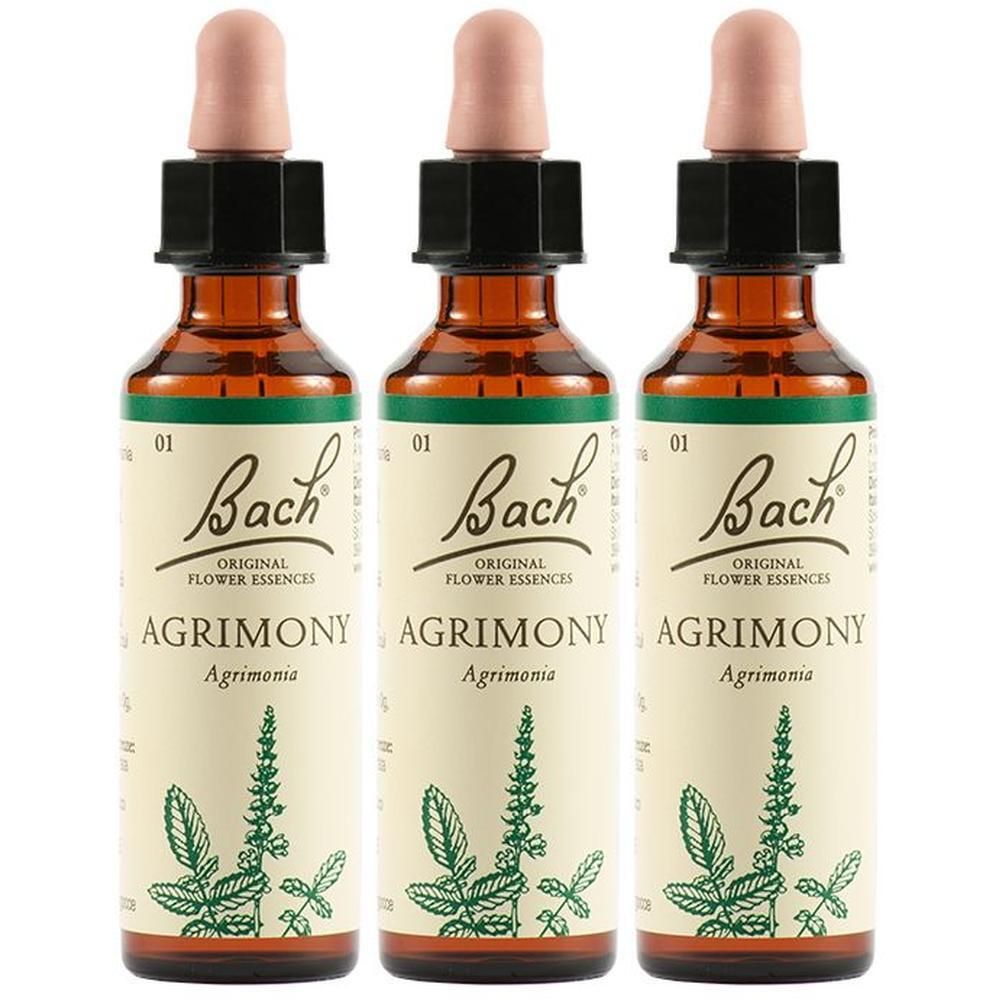 Tre flaconi in vetro marrone con contagocce, Bach Original Flower Essences Agrimony.