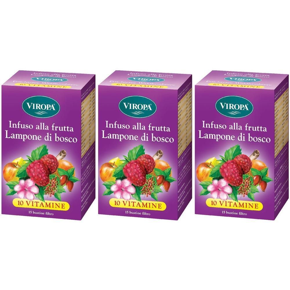 Tre confezioni di Viropa Infuso alla Frutta Lampone di Bosco con 10 Vitamine. Ogni scatola contiene 15 bustine.