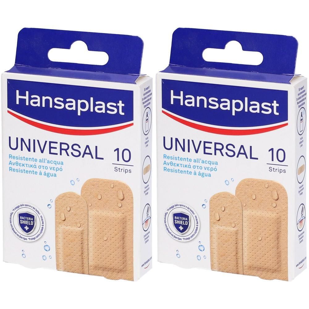 Due confezioni di cerotti Hansaplast Universal, 10 strisce per confezione. Impermeabili e traspiranti.