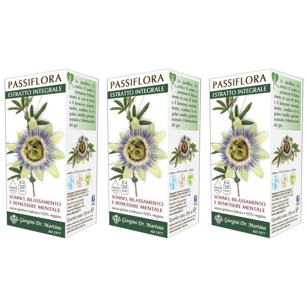 Tre confezioni di Passiflora Estratto Integrale con immagine di fiore della passione. Informazioni su sonno e benessere mentale.