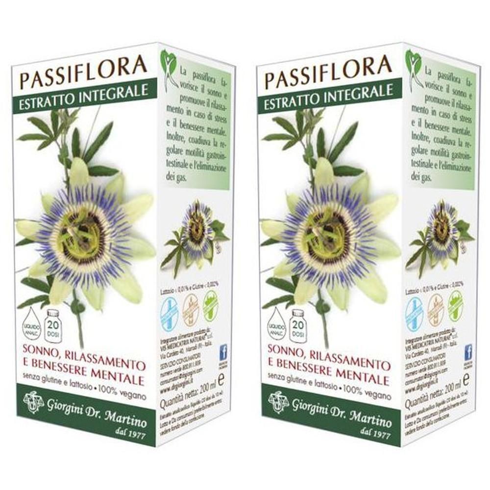 Due confezioni di Passiflora Estratto Integrale con motivo floreale della passione. Informazioni su sonno e benessere mentale.