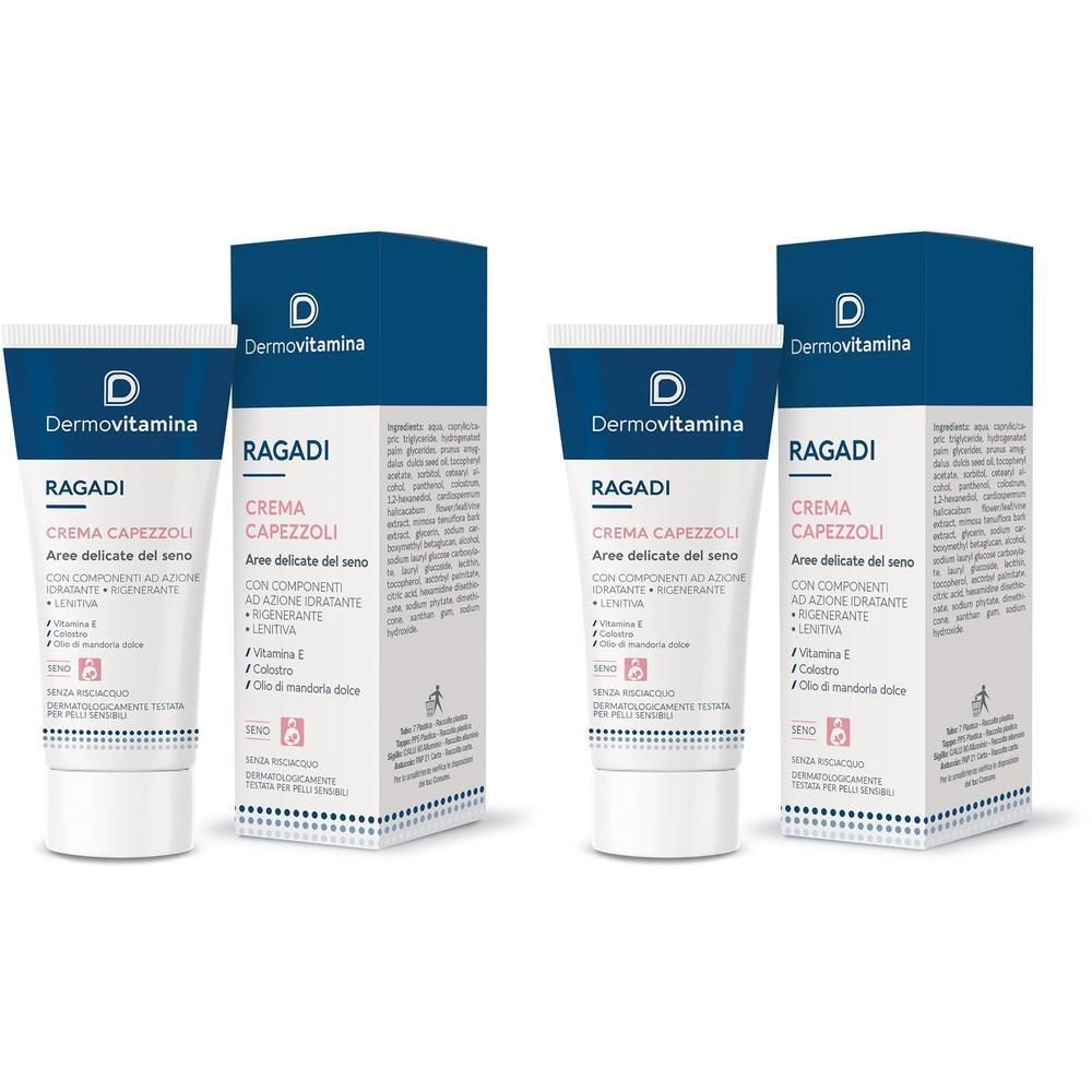 Due tubi e scatole di Dermovitamina Ragadi Crema per aree delicate del seno.