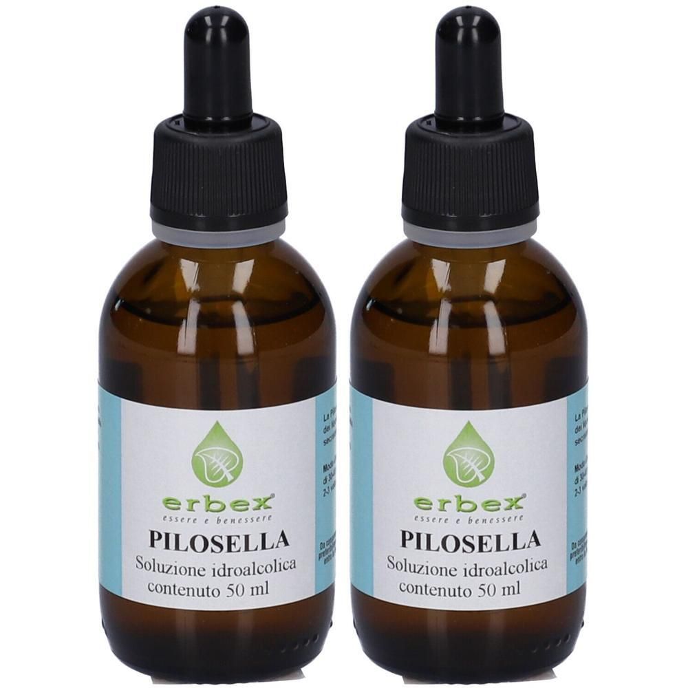 Due flaconi in vetro ambrato con contagocce, contenenti liquido. Etichetta indica 'Pilosella'.