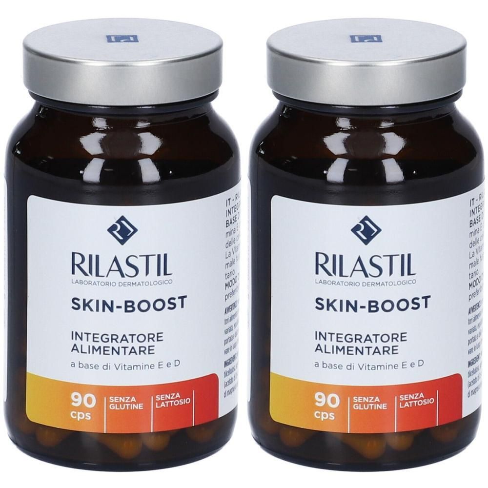 Due flaconi di Rilastil Skin-Boost, integratore alimentare, 90 capsule ciascuno.