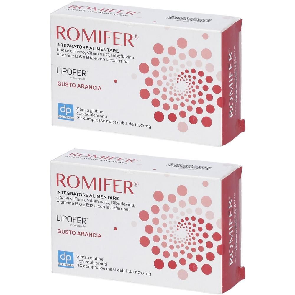 Romifer Compresse Masticabili 750 Mg Gusto Arancia Senza Glutine Naturalmente Privo Di Lattosio Con Zuccheri Ed Edulcoranti