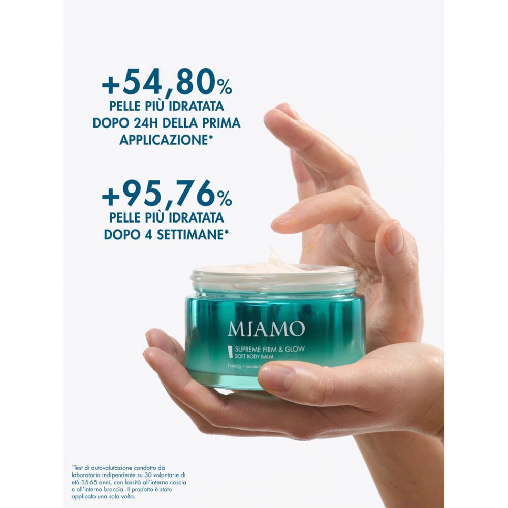 Mani tengono un barattolo di Miamo Body Renew Supreme Firm&Glow Soft Body Balm. Aumenta idratazione 54,80% dopo 24h, 95,76% dopo 4 settimane.