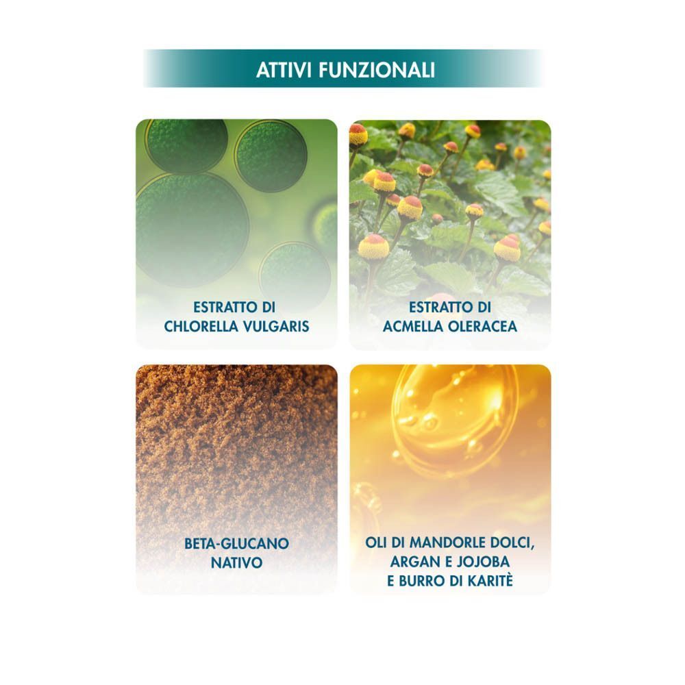 Ingredienti: Chlorella vulgaris, Acmella oleracea, Beta-glucano, Olio di mandorle.