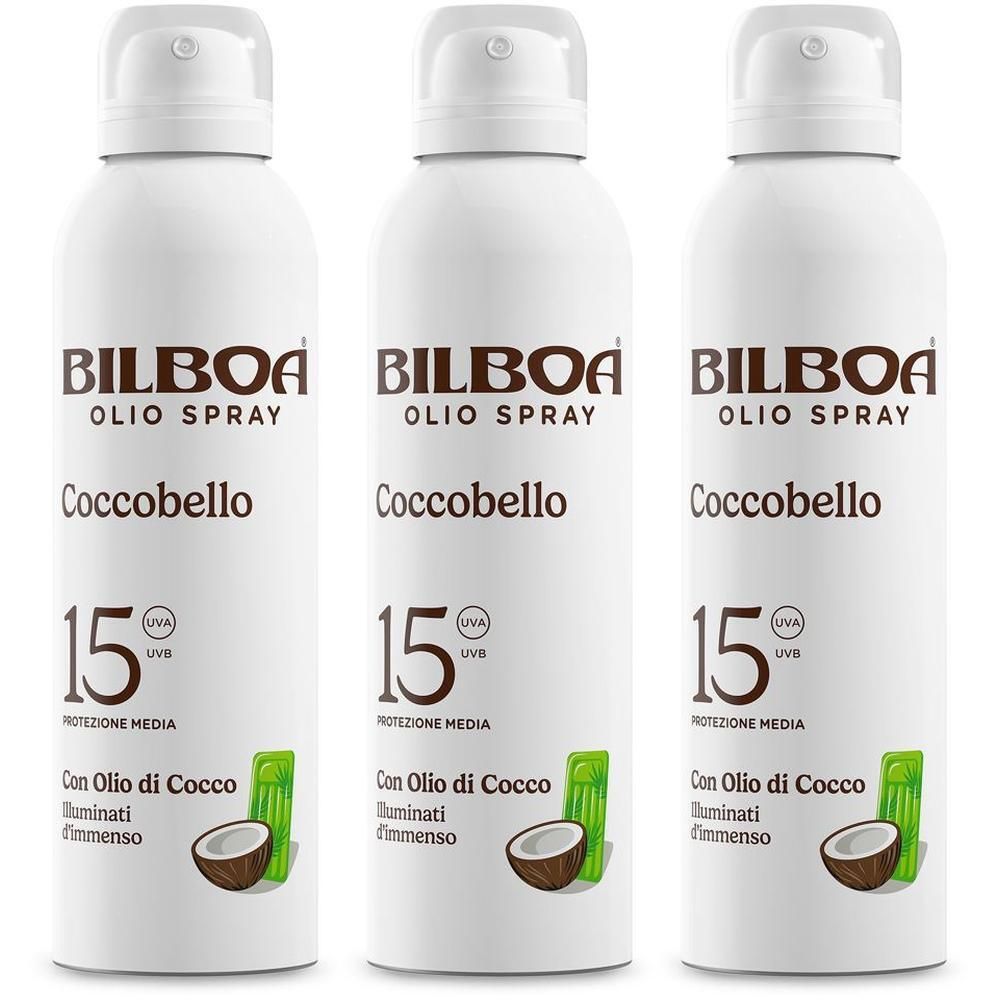 Tre flaconi spray bianchi Bilboa Coccobello Olio Solare SPF 15, olio di cocco.