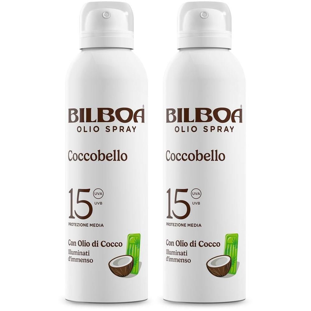 Due flaconi spray solare Bilboa Coccobello SPF 15 con olio di cocco.