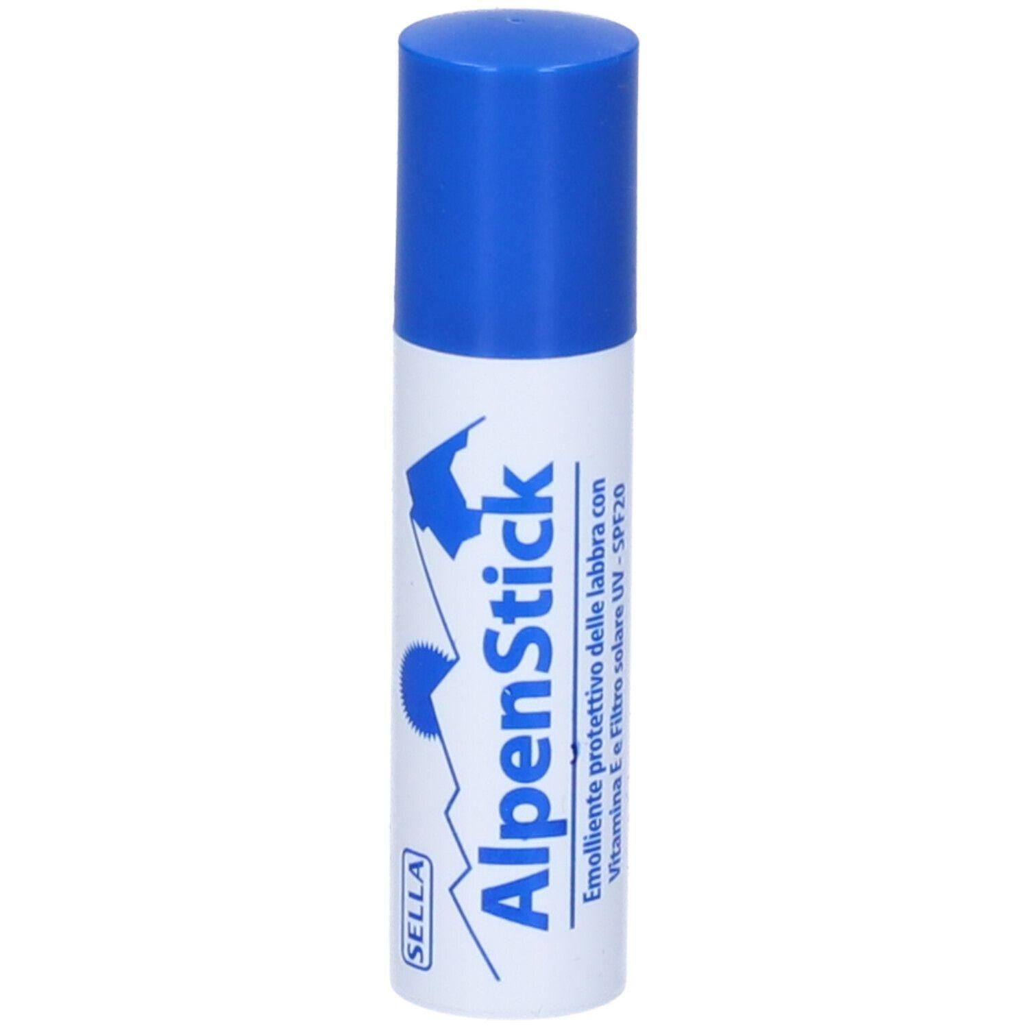 Alpen Stick Burrocacao con tappo blu, tubo bianco e motivo montano. Contiene Vitamina E e SPF 20.