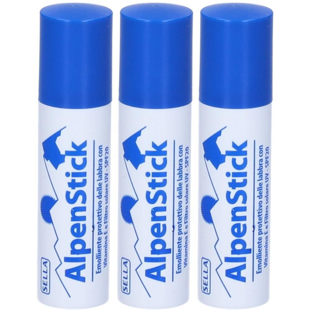 Tre stick per labbra Alpen Stick con cappuccio blu e corpo bianco, SPF 20.