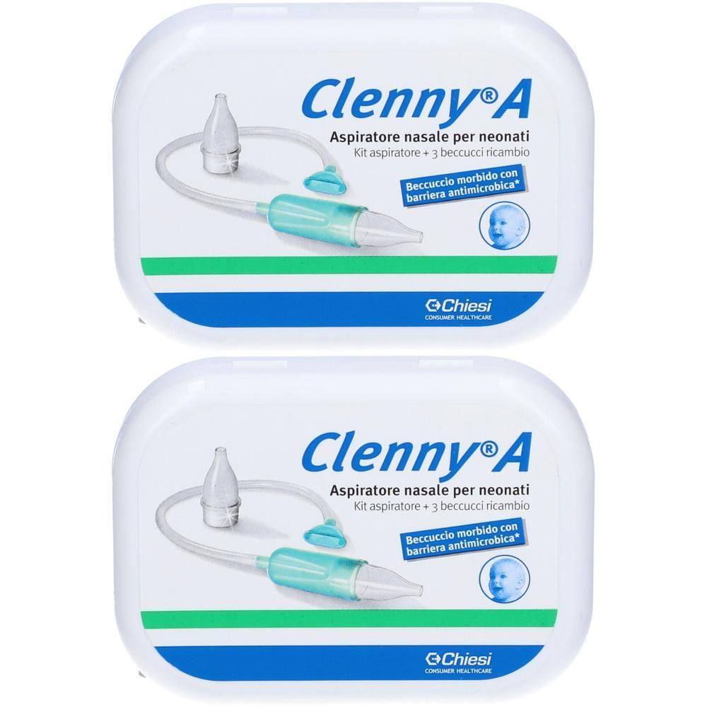 Due kit aspiratore nasale Clenny A per neonati con beccucci morbidi intercambiabili antimicrobici.