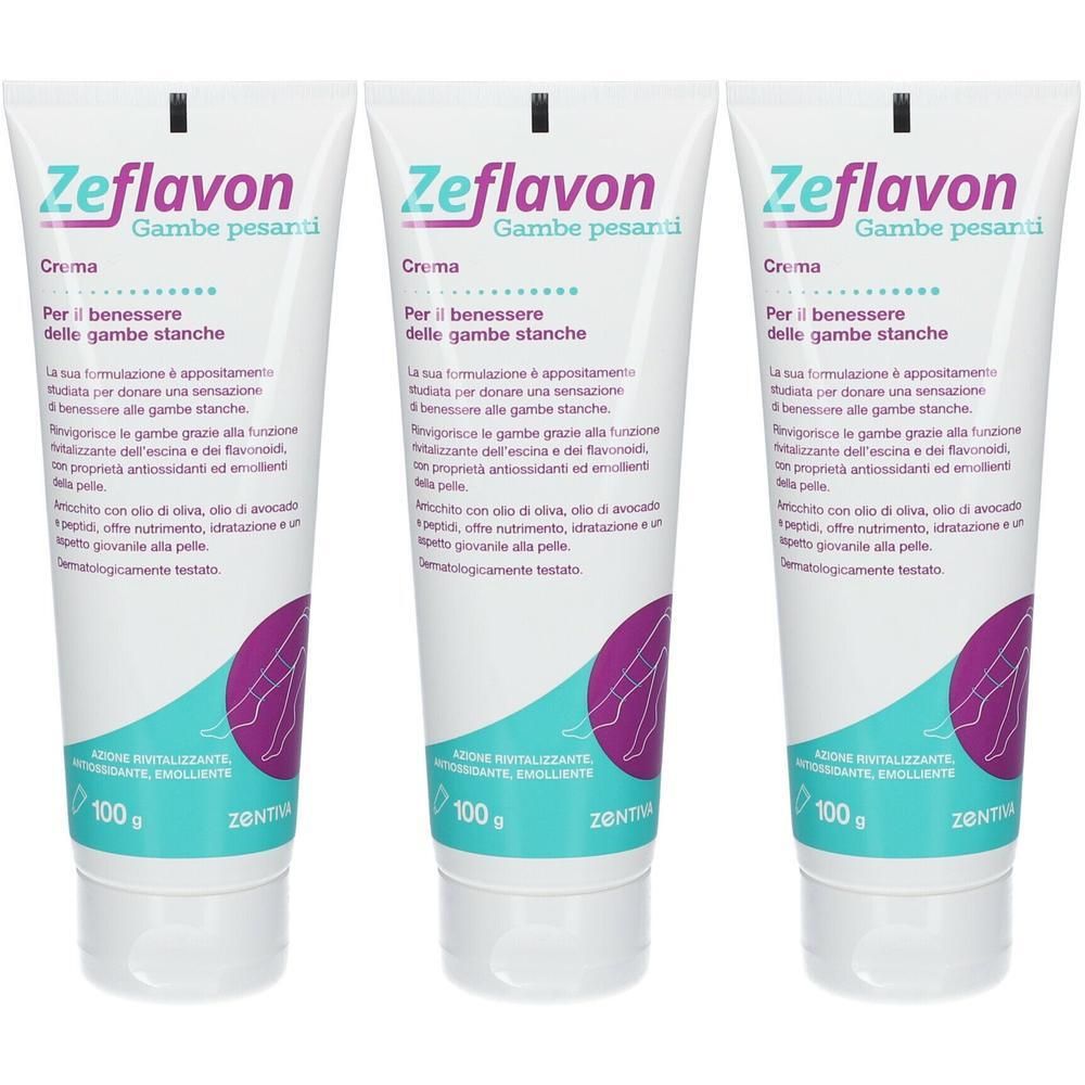 Tre tubi di Zeflavon Gambe Pesanti Crema, 100g ciascuno. Tubi bianchi con design turchese e viola.