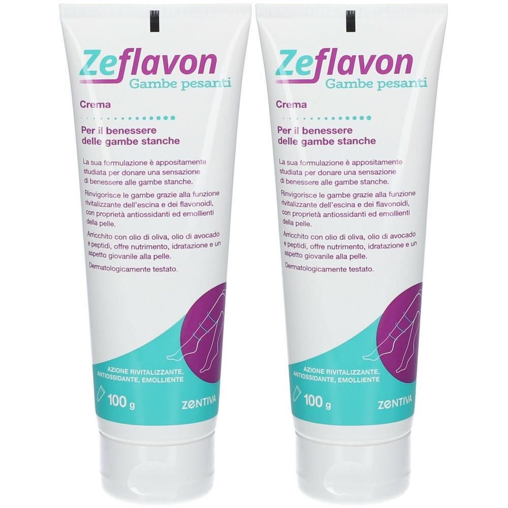 Due tubi di crema Zeflavon Gambe Pesanti, 100g ciascuno. Con illustrazione di gambe.