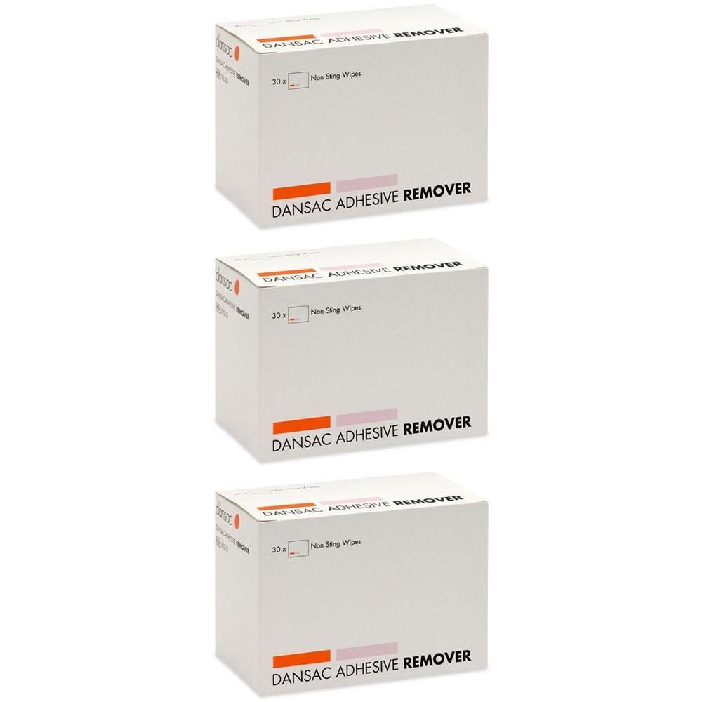 Tre scatole di Dansac Adhesive Remover, ciascuna con 30 salviette.