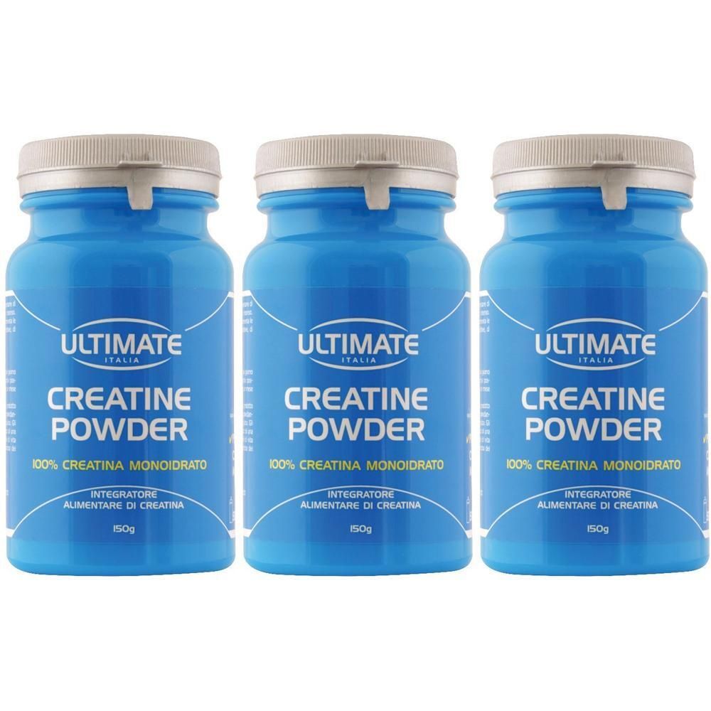 Tre contenitori blu di Ultimate Creatine Powder, 150g per contenitore.