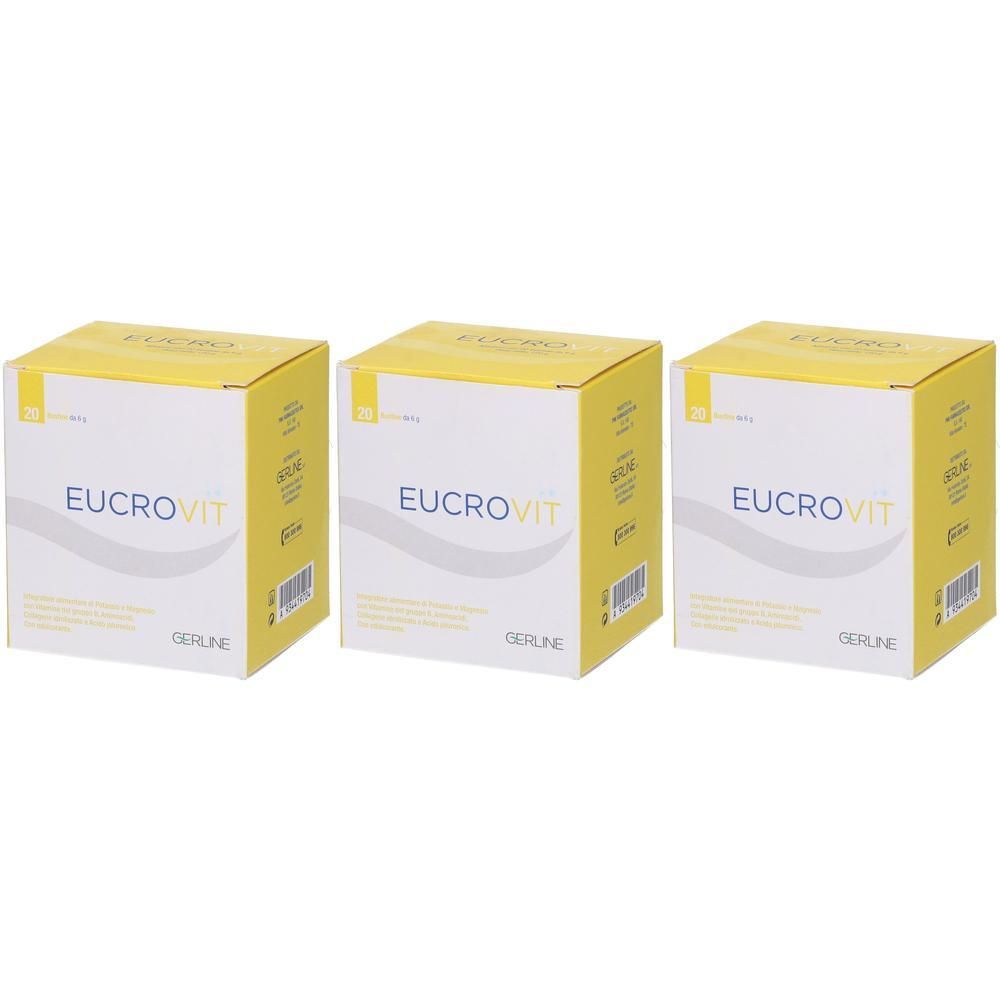 Tre scatole Eucrovit 20 Bustine 6 G, bianche e gialle.
