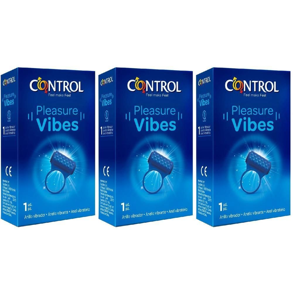 Tre confezioni di CONTROL Pleasure Vibes con un anello vibrante blu.