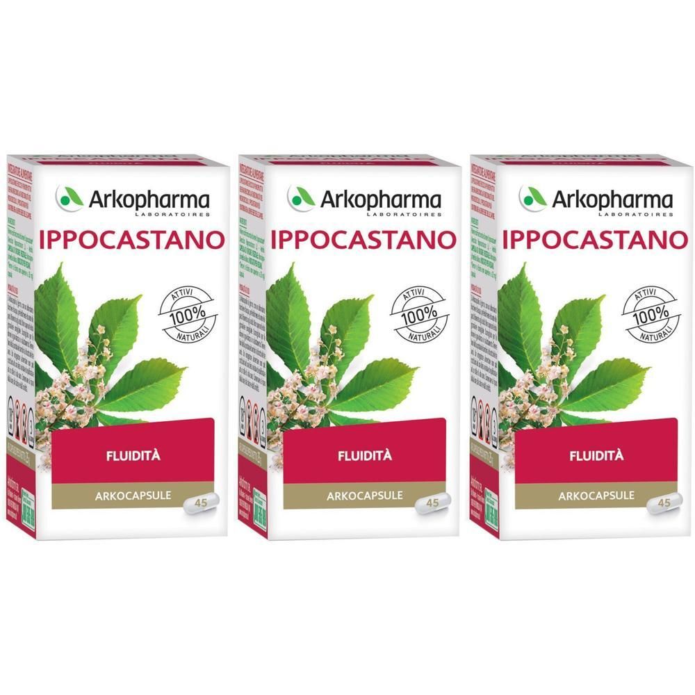 Tre confezioni di Arkopharma Ippocastano capsule con fiori e foglie di ippocastano.
