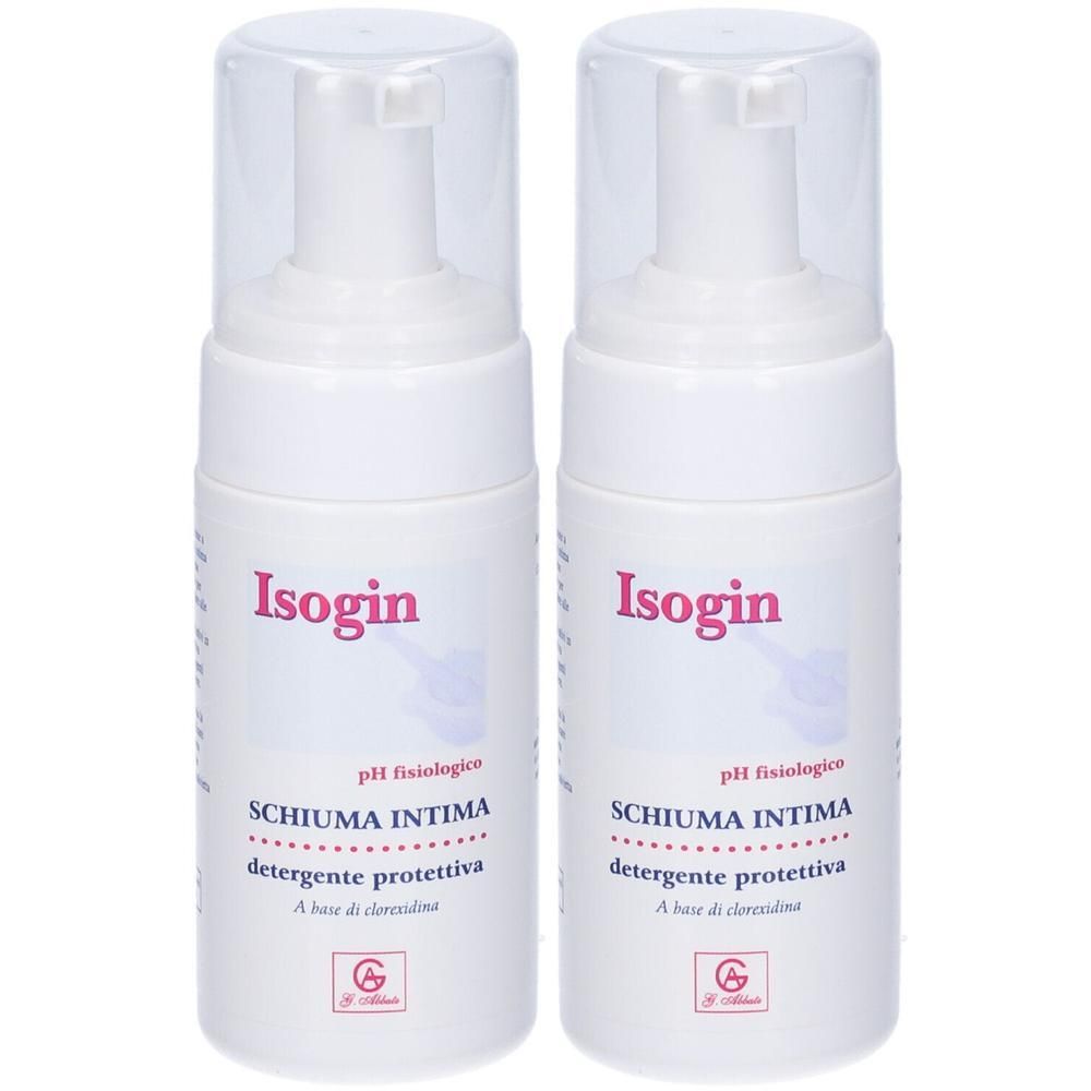 Due flaconi Isogin Schiuma Intima con dispenser a pompa.