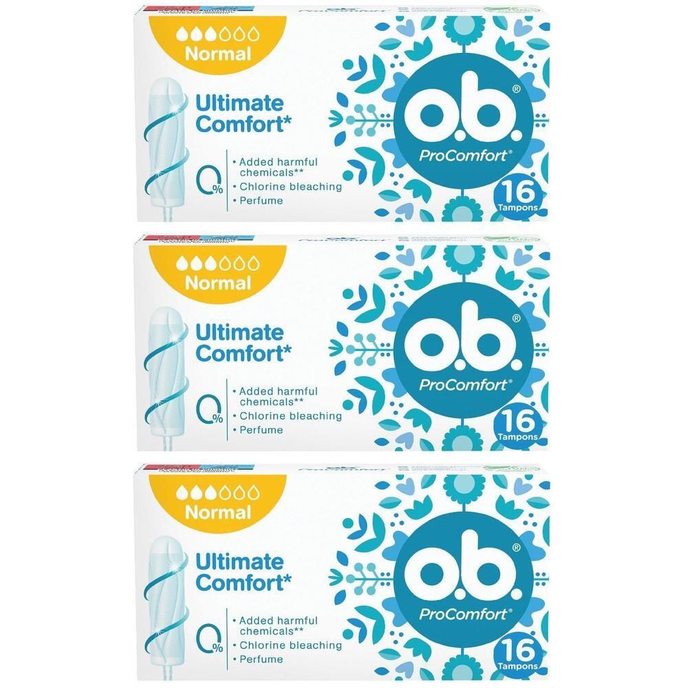 Tre confezioni di assorbenti O.B. ProComfort Normal, 16 assorbenti per confezione.