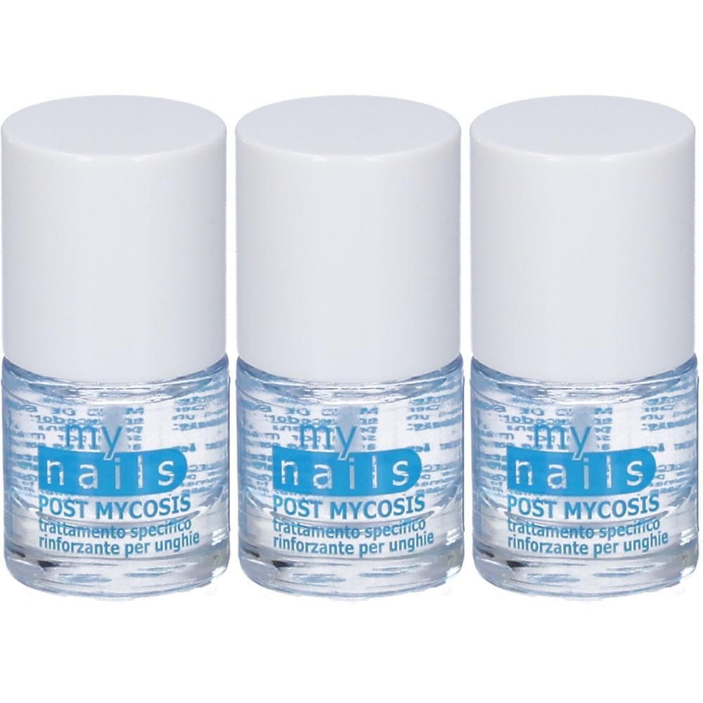 Tre flaconi My Nails Post Mycosis trattamento unghie con tappi bianchi.