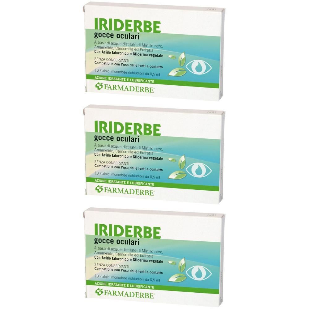 Tre confezioni di Iriderebe gocce oculari, ciascuna con 10 flaconcini monodose.
