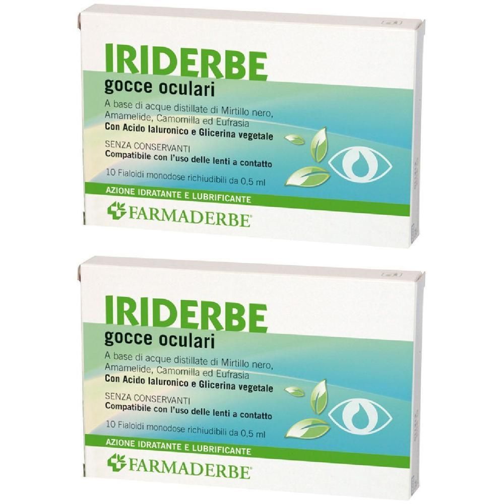 Due confezioni di Iriderbe gocce oculari, 10 flaconcini monodose da 0,5 ml.