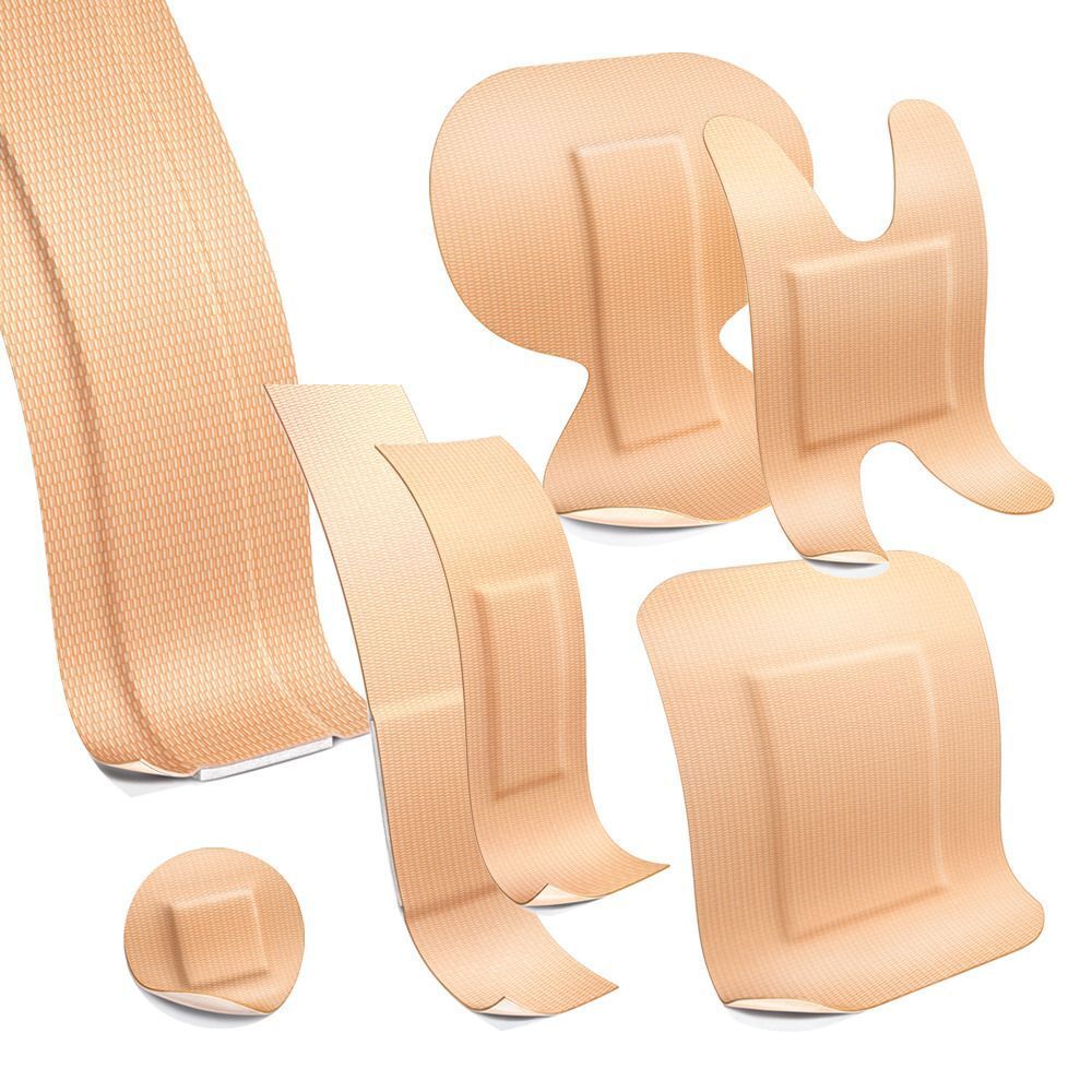 Diversi cerotti Leukoplast Elastic in varie forme e dimensioni.