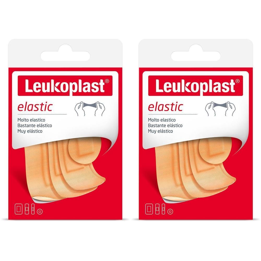 Due confezioni di cerotti elastici Leukoplast, beige, con cerotti visibili.