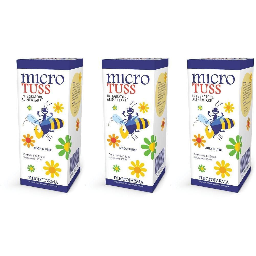 Tre scatole di Micro Tuss con motivo ape e fiori. "Senza Glutine" e "Microfarma" sono visibili.
