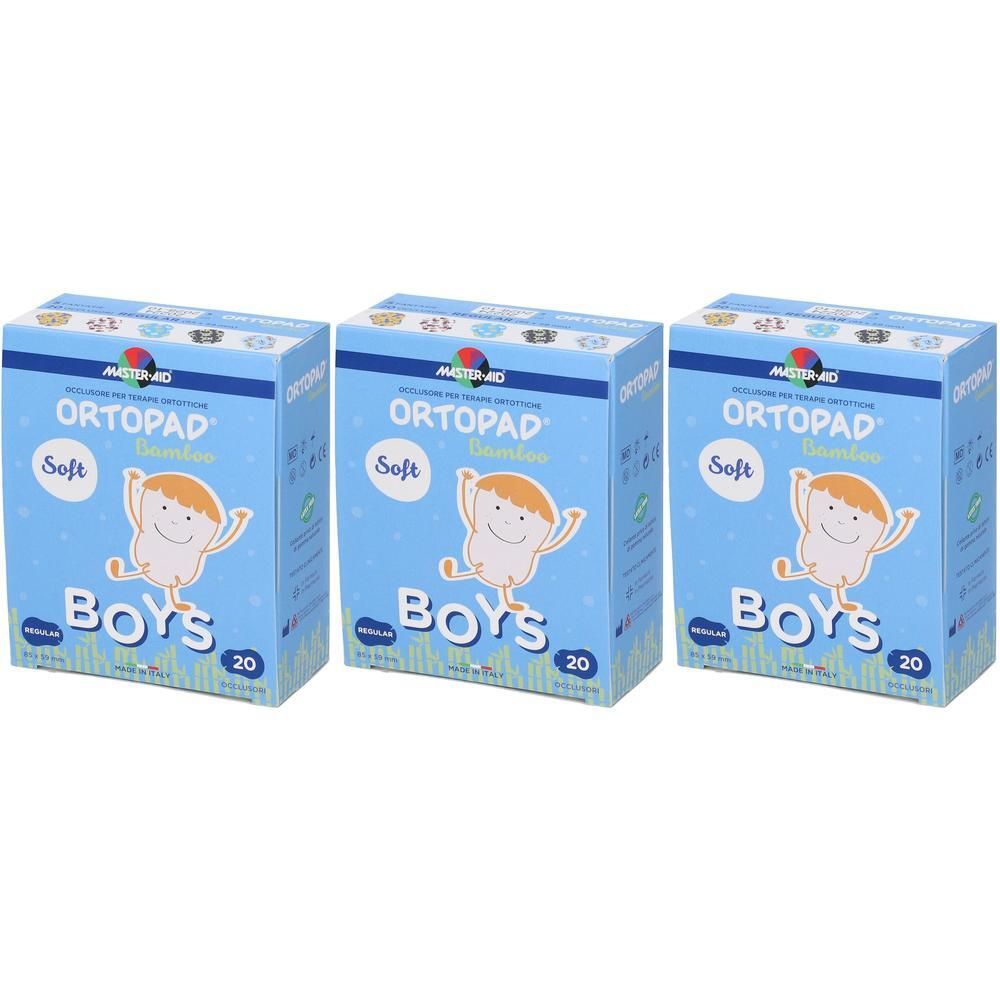 Tre scatole di cerotti oculari Ortopad Soft Boys, 20 pezzi ciascuna. Confezione blu con illustrazione di un ragazzo dei cartoni animati.